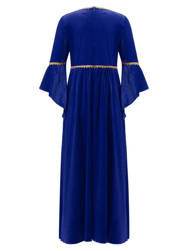 Kids Girls Square Neck Flared Sleeve Empire Waist Medieval Vintage Maxi Dress thumb