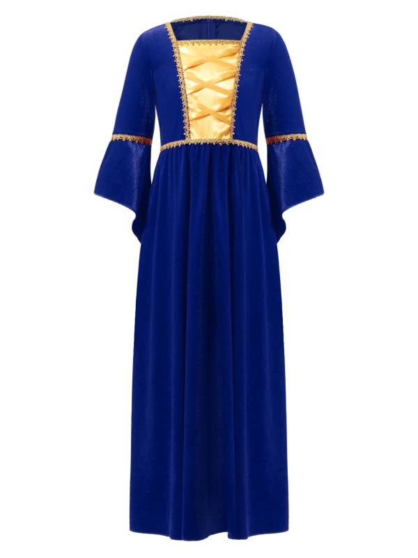 Kids Girls Square Neck Flared Sleeve Empire Waist Medieval Vintage Maxi Dress thumb