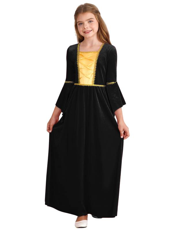 Kids Girls Square Neck Flared Sleeve Empire Waist Medieval Vintage Maxi Dress thumb