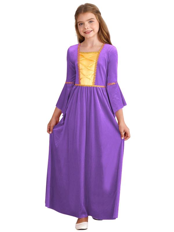 Kids Girls Square Neck Flared Sleeve Empire Waist Medieval Vintage Maxi Dress thumb