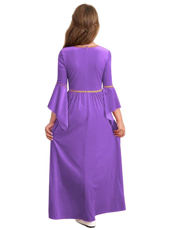 Kids Girls Square Neck Flared Sleeve Empire Waist Medieval Vintage Maxi Dress thumb