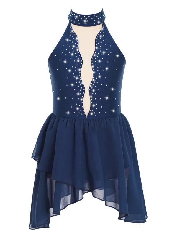 Kids Girls Sleeveless Halter Neck Backless Rhinestone Mesh Lyrical Dance Dress thumb