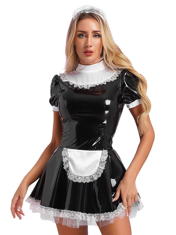 Women A-line Short Sleeve Glossy Patent Leather Maid Dress with Headband thumb