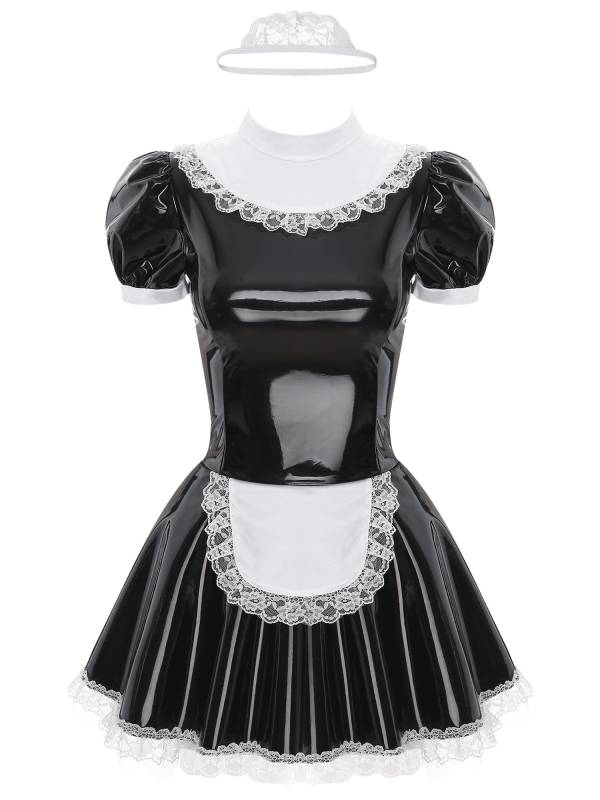 Women A-line Short Sleeve Glossy Patent Leather Maid Dress with Headband thumb