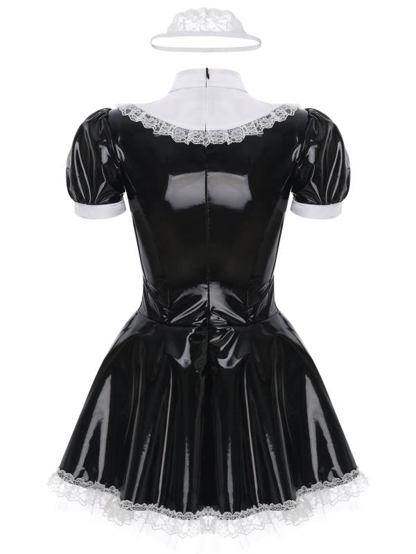 Women A-line Short Sleeve Glossy Patent Leather Maid Dress with Headband thumb