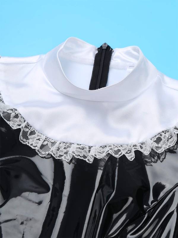 Women A-line Short Sleeve Glossy Patent Leather Maid Dress with Headband thumb