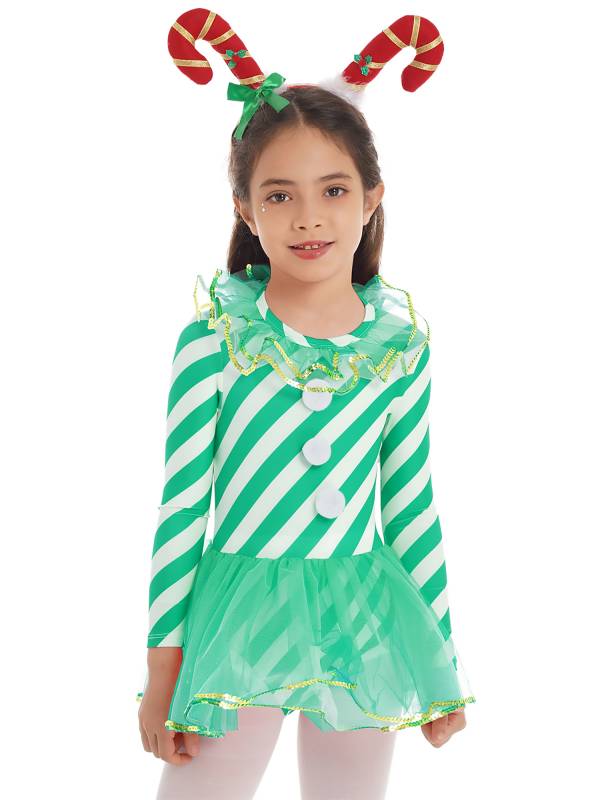 Kids Girls Christmas Elf Costume Long Sleeves Stripes Sequins Mesh Tutu Dress thumb