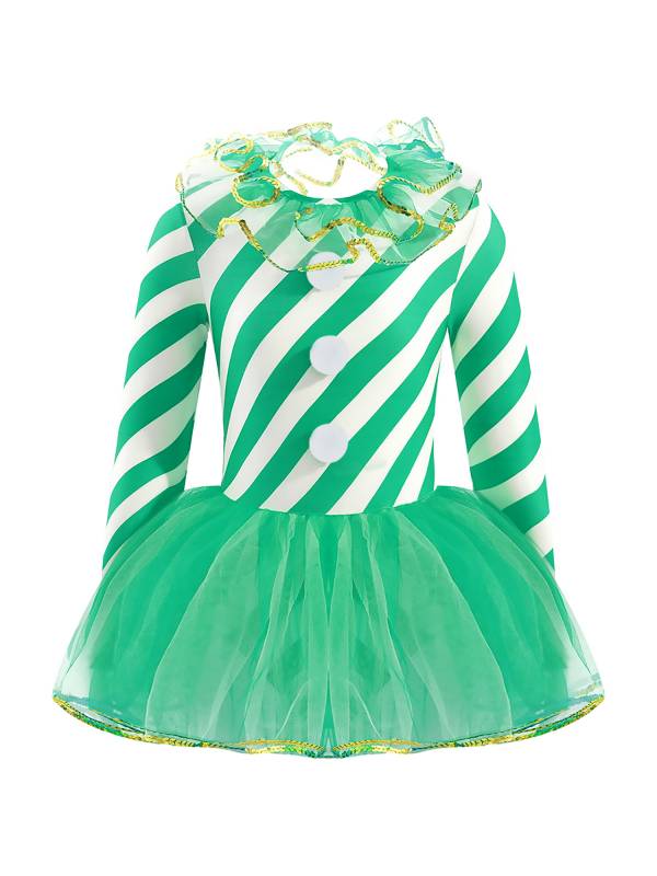 Kids Girls Christmas Elf Costume Long Sleeves Stripes Sequins Mesh Tutu Dress thumb