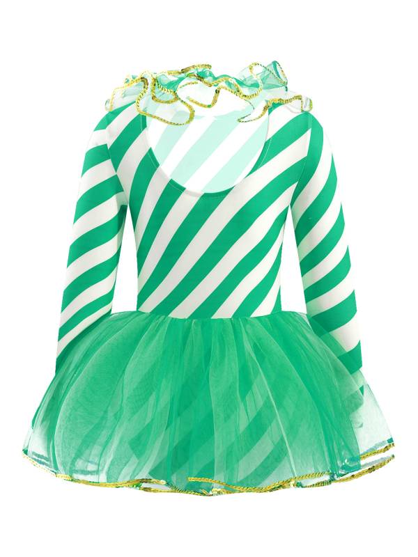 Kids Girls Christmas Elf Costume Long Sleeves Stripes Sequins Mesh Tutu Dress thumb