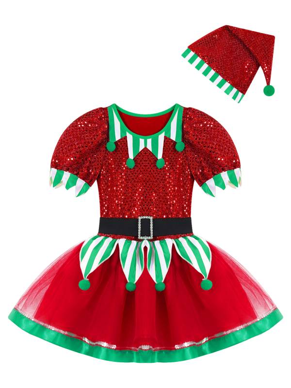 Kids Girls Christmas Elf Costume Sequins Pompoms Mesh Tutu Dress with Hat thumb