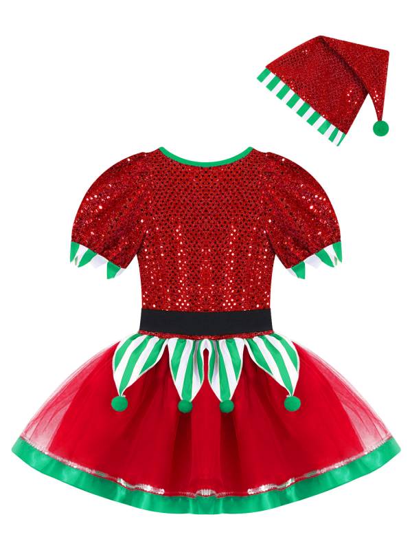 Kids Girls Christmas Elf Costume Sequins Pompoms Mesh Tutu Dress with Hat thumb