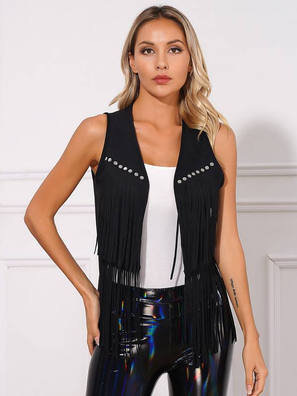 Women Faux Suede Tassel Rivets Fringe Open Front Cowgirl Vest thumb