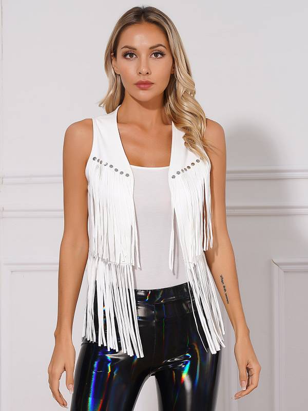 Women Faux Suede Tassel Rivets Fringe Open Front Cowgirl Vest thumb