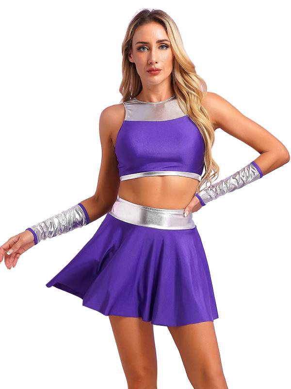 Women Halloween Metallic Sleeveless Crop Top and Mini Skirt and Gloves thumb