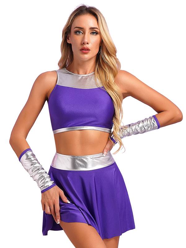 Women Halloween Metallic Sleeveless Crop Top and Mini Skirt and Gloves thumb