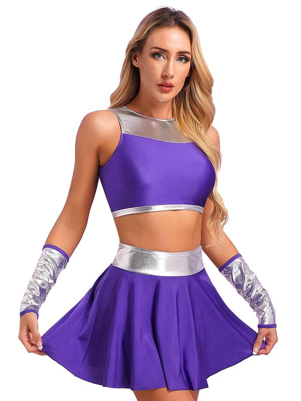 Women Halloween Metallic Sleeveless Crop Top and Mini Skirt and Gloves thumb