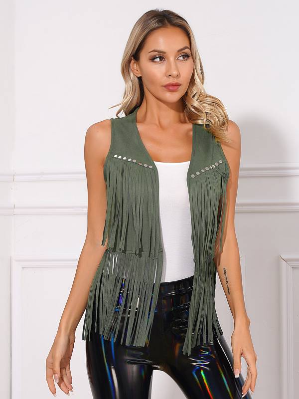 Women Faux Suede Tassel Rivets Fringe Open Front Cowgirl Vest thumb