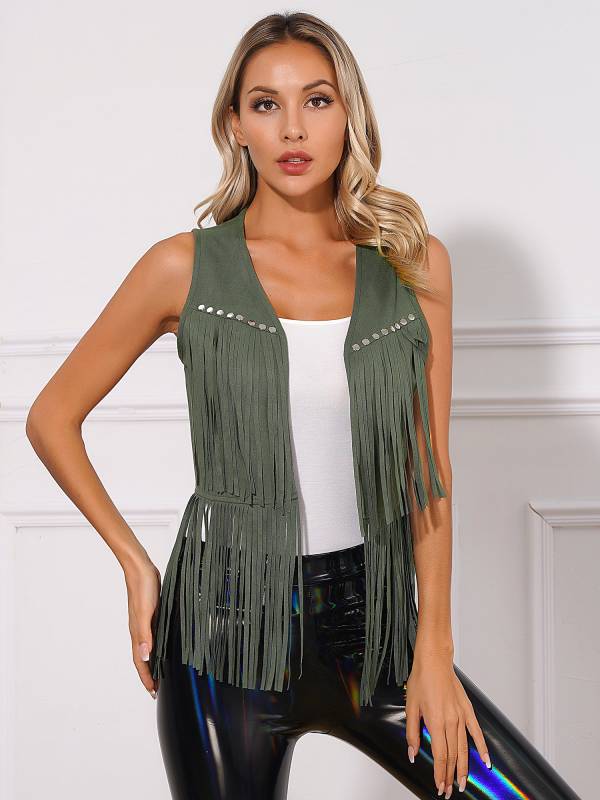 Women Faux Suede Tassel Rivets Fringe Open Front Cowgirl Vest thumb