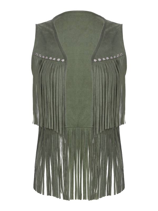 Women Faux Suede Tassel Rivets Fringe Open Front Cowgirl Vest thumb