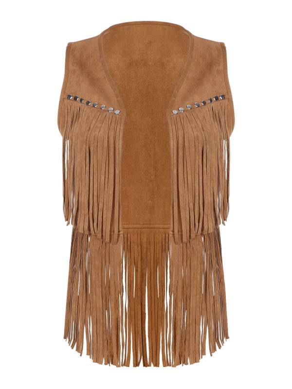 Women Faux Suede Tassel Rivets Fringe Open Front Cowgirl Vest thumb