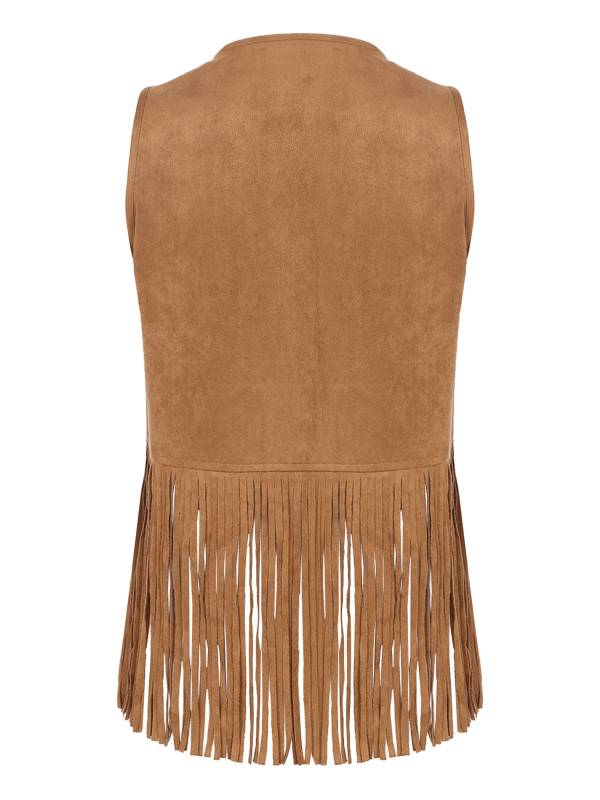 Women Faux Suede Tassel Rivets Fringe Open Front Cowgirl Vest thumb