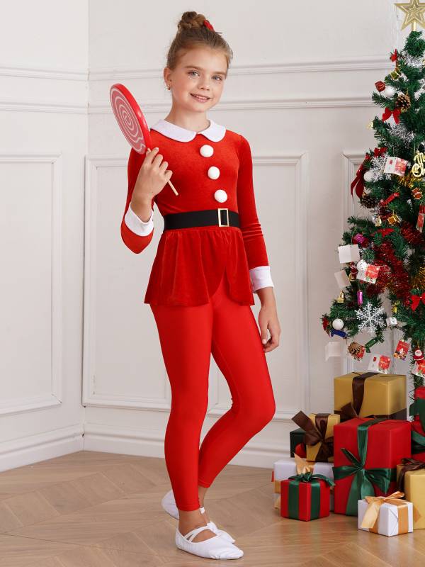 Kids Lapel Collar Long Sleeve Pompom Peplum Christmas Elf Cosplay Jumpsuit thumb