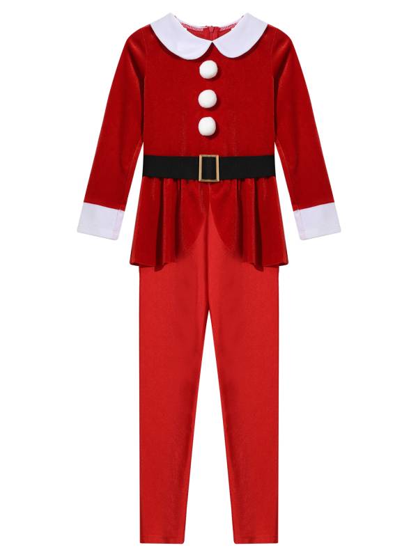 Kids Lapel Collar Long Sleeve Pompom Peplum Christmas Elf Cosplay Jumpsuit thumb