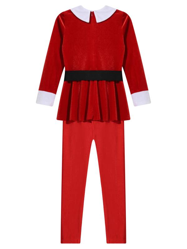 Kids Lapel Collar Long Sleeve Pompom Peplum Christmas Elf Cosplay Jumpsuit thumb