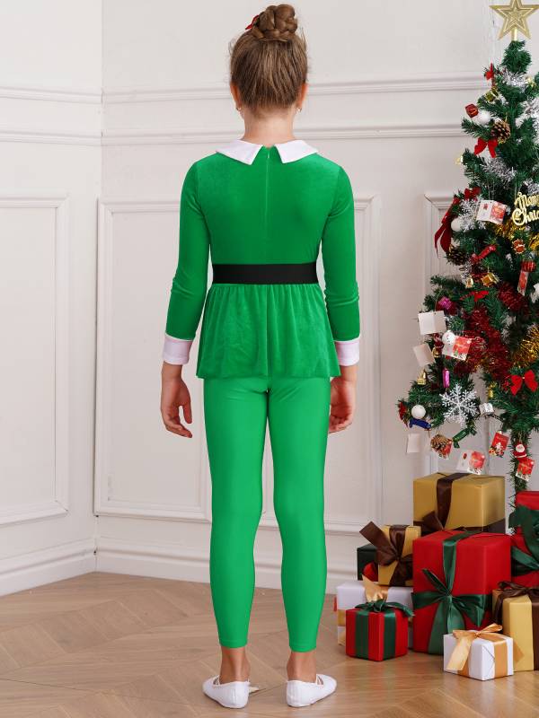 Kids Lapel Collar Long Sleeve Pompom Peplum Christmas Elf Cosplay Jumpsuit thumb