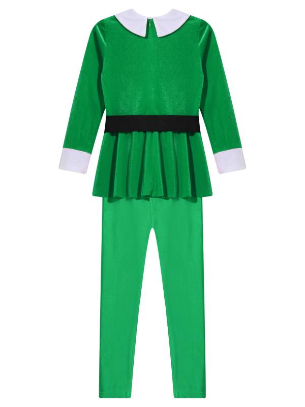 Kids Lapel Collar Long Sleeve Pompom Peplum Christmas Elf Cosplay Jumpsuit thumb