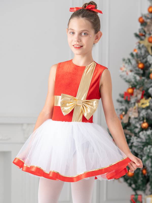 Kids Girls Christmas Sleeveless Metallic Bow Sequin Mesh Tutu Dress thumb