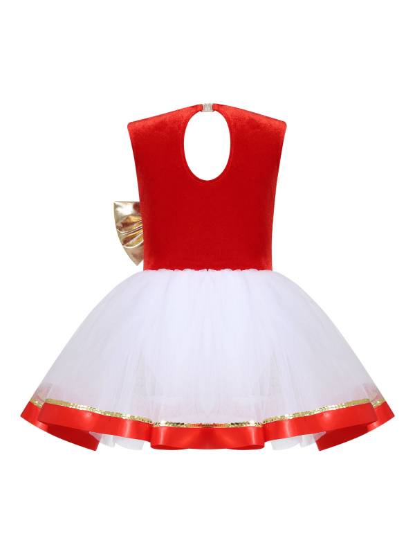 Kids Girls Christmas Sleeveless Metallic Bow Sequin Mesh Tutu Dress thumb