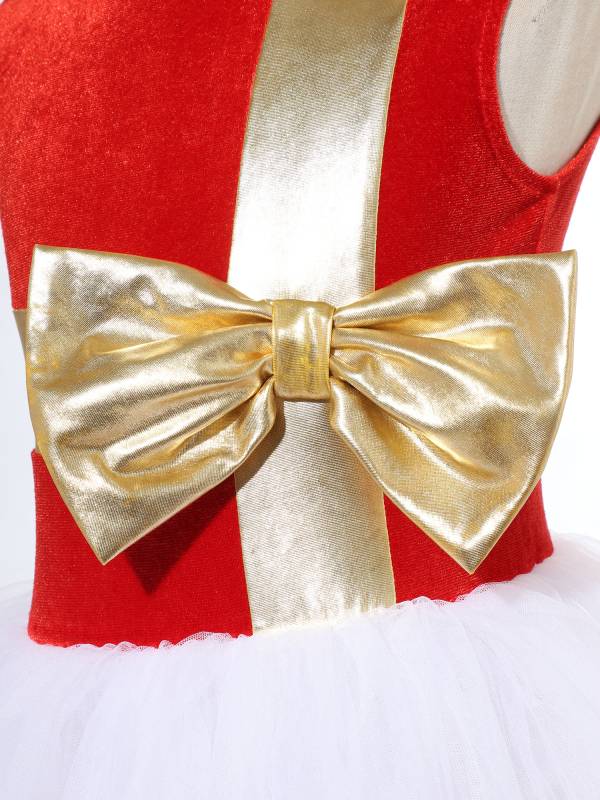 Kids Girls Christmas Sleeveless Metallic Bow Sequin Mesh Tutu Dress thumb