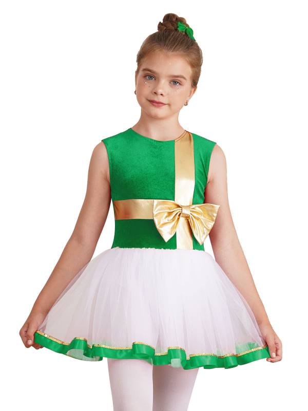 Kids Girls Christmas Sleeveless Metallic Bow Sequin Mesh Tutu Dress thumb