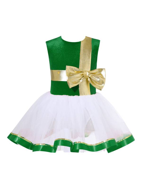 Kids Girls Christmas Sleeveless Metallic Bow Sequin Mesh Tutu Dress thumb