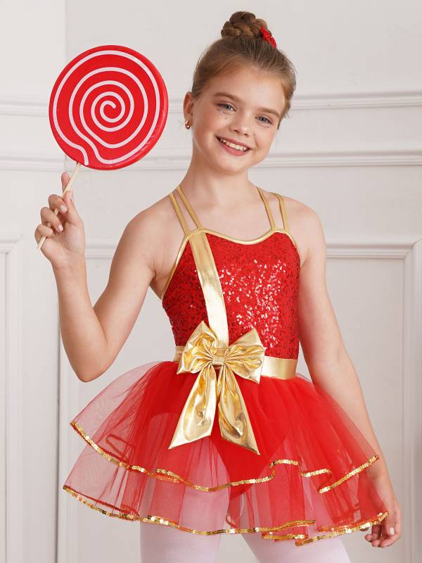 Girls Straps Sequins Bow Christmas Ballet Dance Tutu Dress thumb