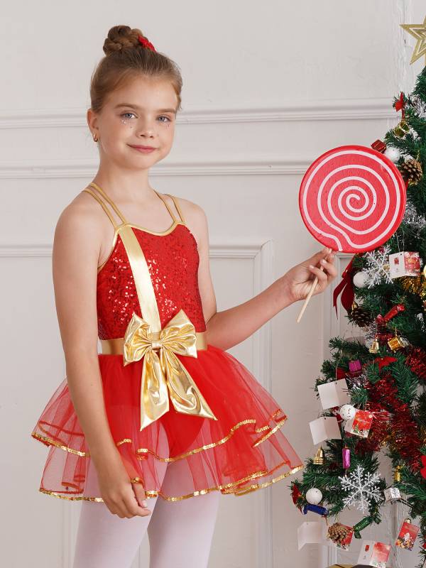 Girls Straps Sequins Bow Christmas Ballet Dance Tutu Dress thumb