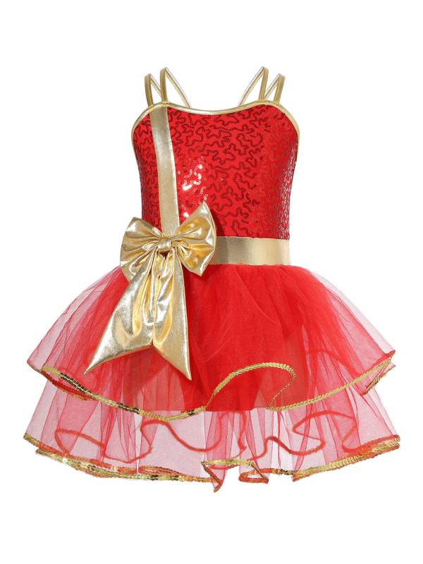 Girls Straps Sequins Bow Christmas Ballet Dance Tutu Dress thumb