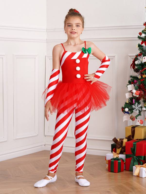 Kids Girls Christmas Sleeveless Stripes Tulle Peplum Jumpsuit with Arm Sleeves thumb