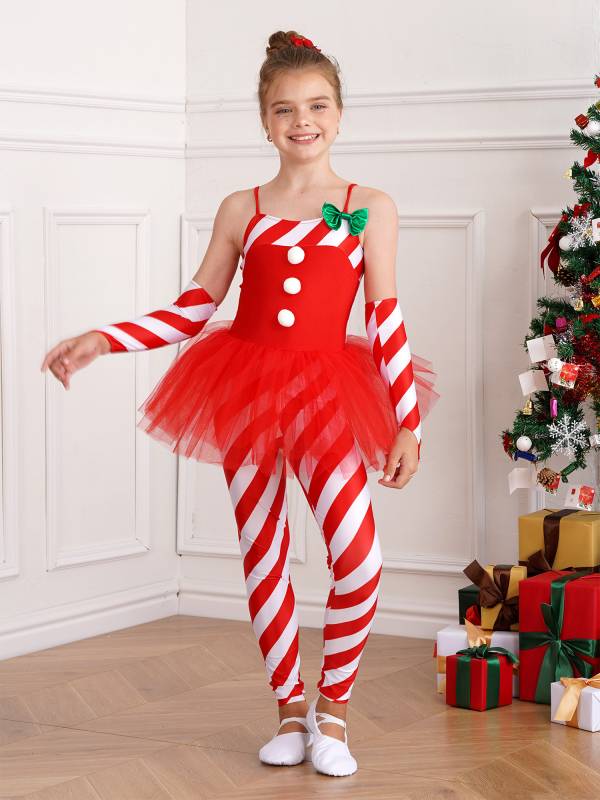 Kids Girls Christmas Sleeveless Stripes Tulle Peplum Jumpsuit with Arm Sleeves thumb