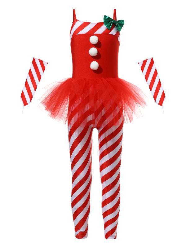 Kids Girls Christmas Sleeveless Stripes Tulle Peplum Jumpsuit with Arm Sleeves thumb