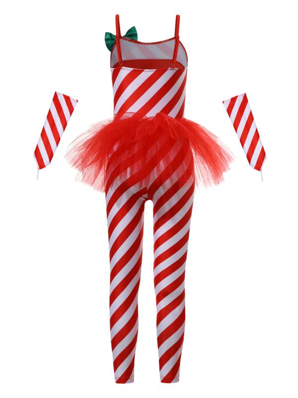 Kids Girls Christmas Sleeveless Stripes Tulle Peplum Jumpsuit with Arm Sleeves thumb