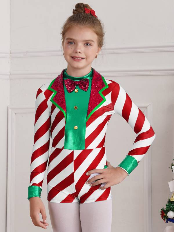 Kids Girls Christmas Santa Costume Long Sleeve Sequins Stripes Romper thumb