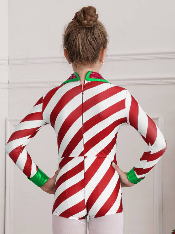 Kids Girls Christmas Santa Costume Long Sleeve Sequins Stripes Romper thumb