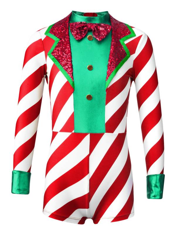 Kids Girls Christmas Santa Costume Long Sleeve Sequins Stripes Romper thumb