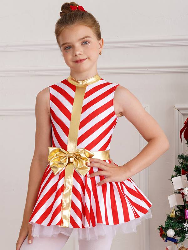 Kids Girls Christmas Sleeveless Stripe Santa Candy Cane Tutu Dress thumb