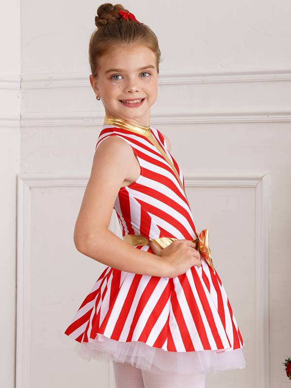 Kids Girls Christmas Sleeveless Stripe Santa Candy Cane Tutu Dress thumb