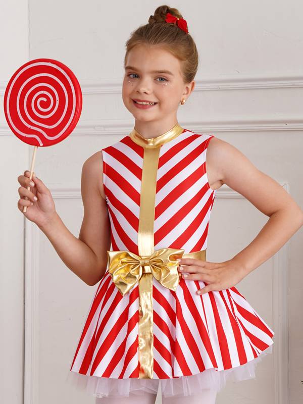 Kids Girls Christmas Sleeveless Stripe Santa Candy Cane Tutu Dress thumb