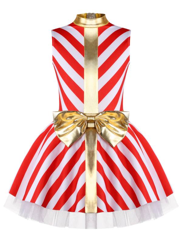 Kids Girls Christmas Sleeveless Stripe Santa Candy Cane Tutu Dress thumb