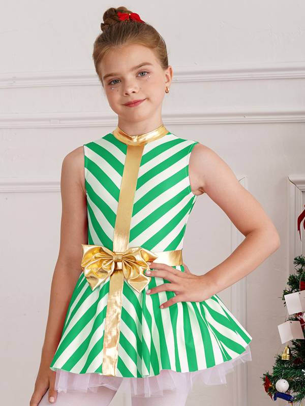 Kids Girls Christmas Sleeveless Stripe Santa Candy Cane Tutu Dress thumb